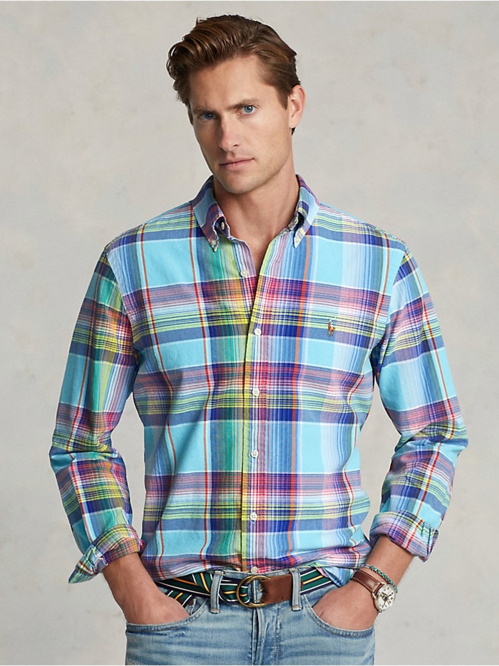 Ralph Lauren Classic Fit Plaid Oxford Shirt, Size Large